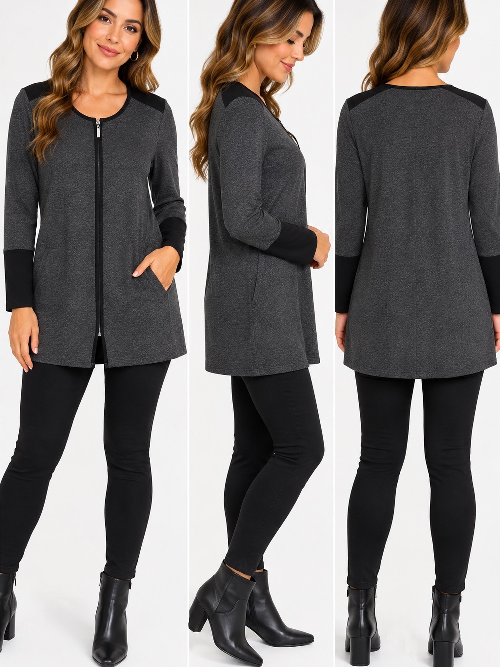 Rafaella Gray & Black Zip Front Long Cardigan Tunic – Size Large